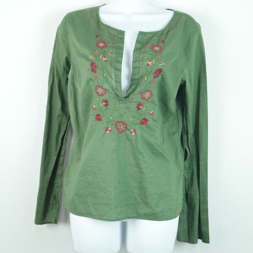Abercrombie & Fitch Vintage Y2K Embroidered Cotton Popover Top Green Preppy Boho